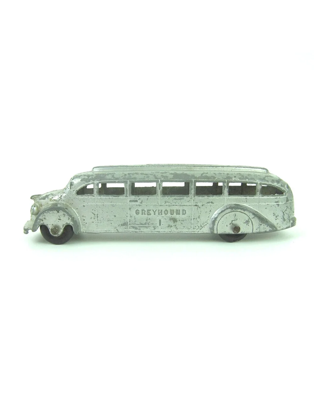 Vintage 1930s Tootsie Toy Die Cast Greyhound Bus Rubber Tires Silver Art Deco